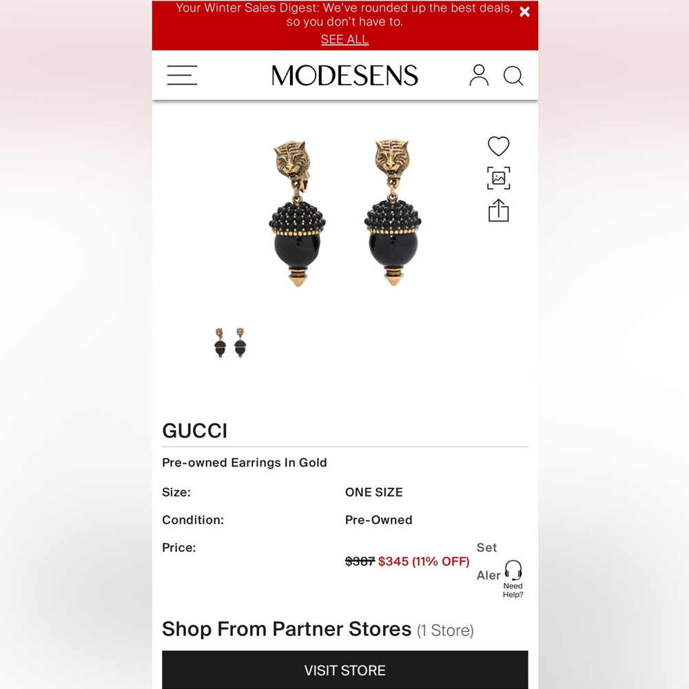 GUCCI Tiger Earrings Gold Plated Rhinestone Black Clip-on - Picture 2 of 4